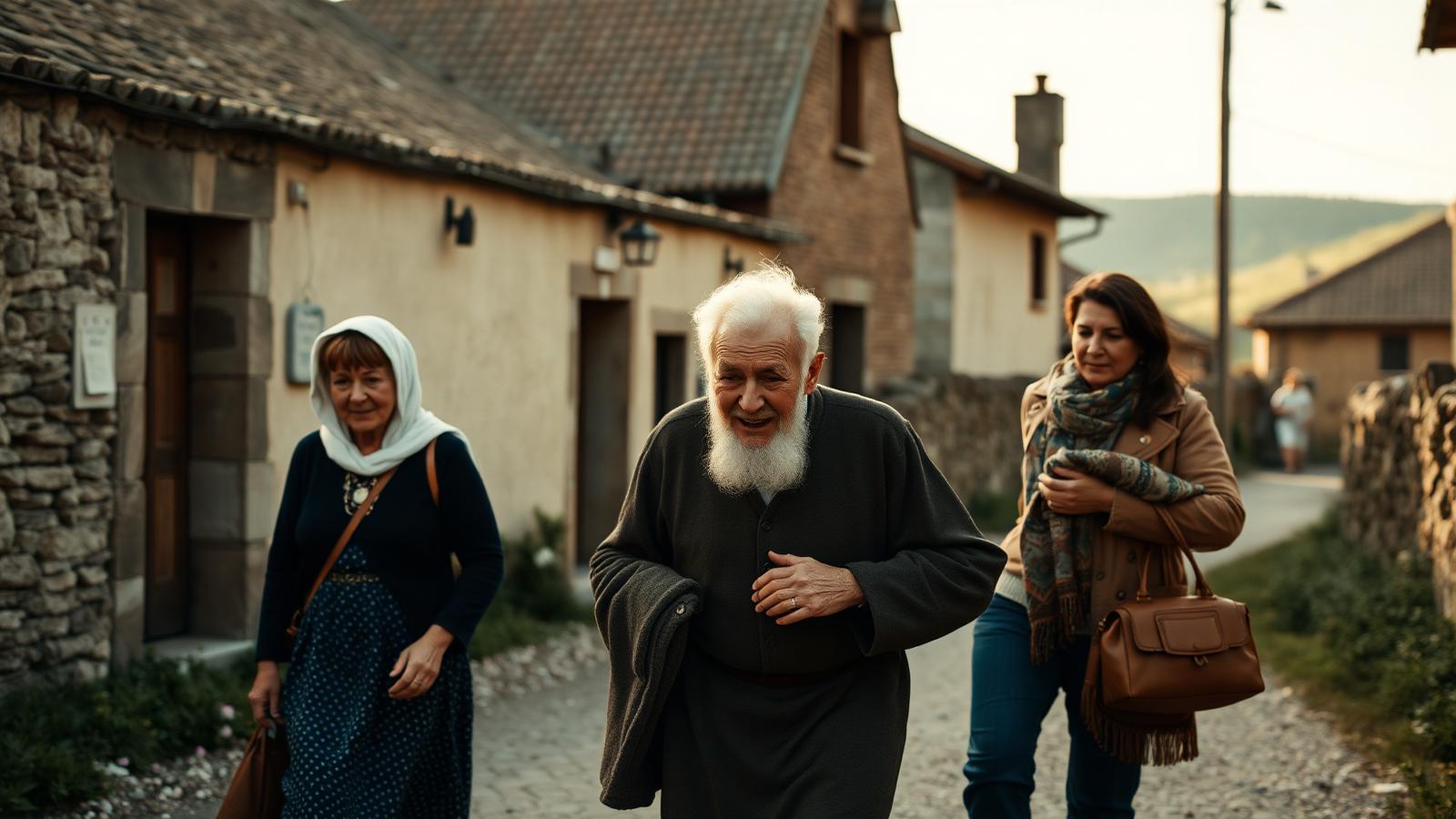 Octogenarian pilgrim walking with family into a Galician village